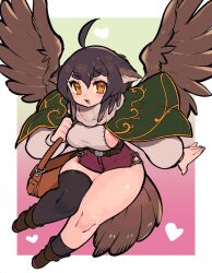 1girl :3 ahoge arm_at_side asymmetrical_legwear bag belt bird_wings black_socks boots border borrowed_character breasts brown_bag brown_belt brown_boots brown_hair brown_wings capelet commission cross-laced_clothes cross-laced_shorts dot_nose double-parted_bangs feather_hair feathered_wings flying full_body fur_collar gradient_background green_background green_capelet hacco_mayu hand_up happy heart hip_vent holding holding_bag knees_together_feet_apart medium_breasts medium_hair midair open_mouth orange_eyes original owl_ears pink_background pink_shorts print_capelet revealing_clothes ribbon-trimmed_shirt ribbon_trim second-party_source shirt shorts shortstack shoulder_bag sideboob single_bare_leg single_thighhigh skeb_commission socks solo thick_eyebrows thighhighs uneven_legwear white_border white_shirt wings yellow_trim