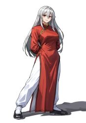 1girl arms_behind_back changpao china_dress chinese_clothes crane_stance dress hanfu highres kokoro_no_koibito kung_fu long_hair mandarin_collar martial_arts original red_dress red_eyes self-upload smile solo white_hair