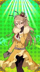 1girl :p ahoge alternate_costume antennae argyle_background artist_name ascot belt black_gloves blush bow breasts brown_eyes brown_hair buttons checkered_background checkered_floor coat cowboy_shot crown dress earrings frilled_skirt frills gloves green_background hair_between_eyes hair_bow hair_ornament hair_ribbon hat head_tilt holding jacket jewelry layered_skirt long_hair long_sleeves looking_at_viewer medium_breasts mini_crown nana_honeybee neck_ribbon necktie one_side_up open_mouth pantyhose plaid_background ponytail ribbon scarf shirt signature skirt smile solo standing tilted_headwear tongue tongue_out uchako uchi_no_hime-sama_ga_ichiban_kawaii very_long_hair yellow_eyes