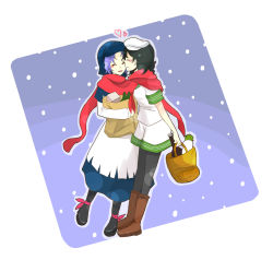 2girls bad_id bad_pixiv_id bag black_hair black_pantyhose blue_hair boots couple female_focus heart hood kumoi_ichirin multiple_girls murasa_minamitsu pantyhose radish scarf touhou yuri yuzuki_(rinka01)