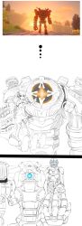 1boy 1girl absurdres blue_eyes breasts bt-7274 cleavage crossover dress flower genshin_impact glowing glowing_eye hair_flower hair_ornament helmet highres in_palm jack_cooper looking_at_viewer lumine_(genshin_impact) mecha medium_breasts one-eyed pilot_suit robot ruin_guard_(genshin_impact) spot_color standing titanfall_(series) titanfall_2 troll_(dlshvmajsl) v-shaped_eyebrows