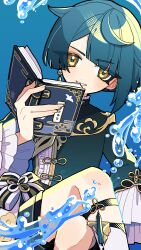 1boy absurdres blue_background blue_hair book chinese_clothes commentary_request crossed_legs earrings frilled_sleeves frills genshin_impact highres holding holding_book jewelry long_sleeves looking_at_viewer male_focus mochi_(buchumi10) open_book shorts single_earring solo tassel water xingqiu_(genshin_impact) yellow_eyes