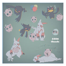 !? 2others :&lt; @_@ aged_down animal_feet animal_hands aqua_eyes arm_at_side artist_name balloon banette black_eyes black_skin body_fur border chromatic_aberration claws clenched_teeth closed_eyes closed_mouth colored_sclera colored_skin creatures_(company) eggshell eggshell_hat eye_contact floating flower from_side furrowed_brow furry game_freak gen_1_pokemon gen_2_pokemon gen_3_pokemon green_background hand_on_own_leg hands_up happy head_wreath heart highres holding holding_microphone igglybuff jigglypuff kinunuko looking_at_another looking_down looking_up lying microphone multiple_others multiple_views music musical_note nintendo on_stomach open_mouth other_focus pokemon pokemon_(creature) profile red_fur red_sclera simple_background singing sitting sitting_on_lap sitting_on_person sleeping smile standing_on_person straight-on sweat teeth twitter_username two-tone_fur u_u watermark white_border white_flower white_fur zangoose zipper_pull_tab