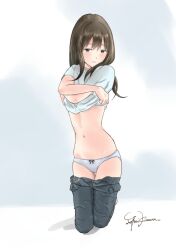 Rule 34 | 1girl, absurdres, clothes lift, denim, groin, highres, idolmaster, idolmaster cinderella girls, jeans, navel, panties, pants, shibuya rin, simple background, tagme, underwear, yoppe0131