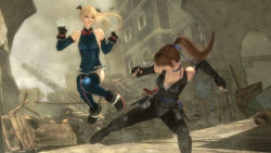 2girls 3d battle blonde_hair brown_hair city dead_or_alive dead_or_alive_5 destruction female_focus highres kasumi_(doa) marie_rose multiple_girls official_art official_wallpaper ponytail smoke tagme tecmo