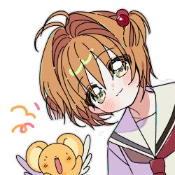 1girl :3 artist_name blush brown_hair cardcaptor_sakura closed_mouth grey_outline hair_bobbles hair_ornament highres kero_(cardcaptor_sakura) kinomoto_sakura looking_at_viewer neckerchief open_mouth outline portrait red_neckerchief sailor_collar school_uniform serafuku shirt short_hair simple_background smile two_side_up white_background white_sailor_collar white_shirt white_wings wings yalmyu