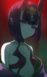 1girl absurdres bare_shoulders black_fundoshi blood blood_stain blurry blurry_background bob_cut breasts collarbone expressionless eyeliner fate/grand_order fate_(series) fundoshi hair_between_eyes headpiece highres horns izanaware_game japanese_clothes kimono looking_at_viewer makeup midriff navel oni open_clothes open_kimono parted_lips pointy_ears purple_eyes purple_hair purple_kimono revealing_clothes short_eyebrows short_hair shuten_douji_(fate) sideboob_cutout skin-covered_horns small_breasts solo upper_body