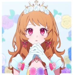 1girl aikatsu! aikatsu!_(series) border bracelet dress dress_flower earrings elbow_gloves flower gloves hair_flower hair_ornament hands_up heart heart_necklace highres idol interlocked_fingers jewelry long_hair looking_at_viewer necklace open_mouth orange_hair ornate_border own_hands_together ozora_akari pink_flower pink_rose portrait purple_flower purple_rose red_eyes red_flower red_rose rose short_sleeves solo straight-on straight_hair tiara white_dress white_flower white_gloves white_rose yaiyaiko yellow_flower yellow_rose