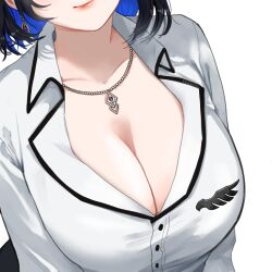 1girl absurdres black_hair black_skirt blue_hair breasts cleavage closed_mouth colored_inner_hair commentary eneeues english_commentary eyes_out_of_frame head_out_of_frame highres hololive hololive_english looking_at_viewer multicolored_hair nerissa_ravencroft nerissa_ravencroft_(casual) official_alternate_costume official_alternate_hair_length official_alternate_hairstyle shirt short_hair skirt smile solo virtual_youtuber white_background white_shirt