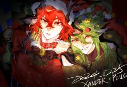 2boys alternate_costume animal_ears antlers aotu_world bare_shoulders bell bow box candy character_name chinese_commentary christmas christmas_ornaments christmas_sweater clothing_cutout collar dated deer_ears earrings food gift gift_box green_hair grin hair_between_eyes harness hat horns jewelry long_hair looking_at_viewer male_focus meltedm48 merry_christmas multicolored_eyes multiple_boys neck_bell pius_(aotu_world) pointy_ears red_collar red_eyes red_hair reindeer_antlers santa_costume santa_hat scar scar_on_face sharp_teeth short_hair shoulder_cutout smile star_(symbol) sweatdrop sweater teeth xander_(aotu_world) yaoi yellow_eyes yellow_sweater