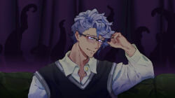 Rule 34 | 1boy, adam&#039;s apple, azul ashengrotto, black vest, closed mouth, collared shirt, couch, daziran de duqiyan, glasses, glowing, glowing eyes, looking at viewer, male focus, purple eyes, shirt, solo, tentacles, twisted wonderland, vest, white shirt