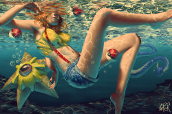 1girl absurdres armpits barefoot breasts breasts_apart bubble caustics chromatic_aberration covered_erect_nipples crop_top denim denim_shorts dragonair feet floating gen_1_pokemon head_out_of_frame highres huge_filesize midriff misty_(pokemon) navel nintendo orange_hair partially_submerged poke_ball pokemon pokemon_(anime) pokemon_(classic_anime) pokemon_(creature) short_shorts shorts staryu stomach suspenders swimming toes underwater underwear viiperart water