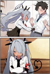 Rule 34 | 1boy, 1girl, absurdres, armband, black gloves, black skirt, blue archive, blush, dark-skinned female, dark skin, demon tail, embarrassed, gloves, grey hair, hair ribbon, halo, heart, heart tail, highres, id card, iori (blue archive), long hair, looking down, necktie, open mouth, pointy ears, ponconyan, punching, red eyes, ribbon, sensei (blue archive), sensei (blue archive the animation), skirt, tail, twintails