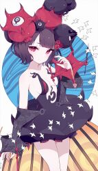 1girl aka_kan bare_shoulders bird breasts closed_mouth commentary dress fate/grand_order fate_(series) flower hair_flower hair_ornament highres katsushika_hokusai_(fate) katsushika_hokusai_(third_ascension)_(fate) medium_breasts purple_dress purple_eyes purple_hair short_hair smile solo white_background white_bird
