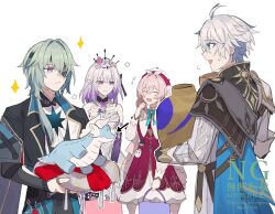 2boys 2girls ahoge anaxa_(honkai:_star_rail) bag black_coat black_tiara castorice_(honkai:_star_rail) coat dress dromas_(honkai:_star_rail) flower grey_hair hair_flower hair_intakes hair_ornament hat highres holding holding_bag holding_jar holding_stuffed_toy honkai:_star_rail honkai_(series) hyacine_(honkai:_star_rail) jar laughing looking_at_another medium_hair multiple_boys multiple_girls phainon_(honkai:_star_rail) pink_hair pointy_ears purin_234 purple_eyes purple_hair red_dress red_hat shopping_bag stuffed_animal stuffed_toy tiara white_coat white_dress white_hair