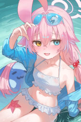 1boy 1girl absurdres ahoge arm_up bikini blue-tinted_eyewear blue_archive blue_eyes blue_jacket blush commentary_request doodle_sensei_(blue_archive) eyewear_on_head fang flat_chest frilled_bikini frills hair_between_eyes hair_bobbles hair_flaps hair_ornament halo heterochromia highres hoshino_(blue_archive) hoshino_(swimsuit)_(blue_archive) huge_ahoge jacket long_hair looking_at_viewer low_twintails navel ocean official_alternate_costume official_alternate_hairstyle open_clothes open_jacket open_mouth pink_hair pink_halo pulmo_(artist) sensei_(blue_archive) single_bare_shoulder single_off_shoulder smile starfish stomach swimsuit thighs tinted_eyewear twintails water wet_bikini white-framed_eyewear white_bikini yellow_eyes