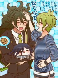 3boys ^_^ amami_rantaro antenna_hair arm_belt belt black-framed_eyewear black_eyes black_scarf blue_background blue_shirt bracelet brown_jacket brown_pants brown_suit checkered_background checkered_clothes checkered_scarf chibi closed_eyes collarbone collared_jacket collared_shirt colored_tips commentary_request cowboy_shot danganronpa_(series) danganronpa_v3:_killing_harmony dog earrings eyelashes formal_clothes glasses gokuhara_gonta green_hair green_necktie hand_on_own_hip happy headpat holding holding_chibi hug bug_cage jacket jewelry lapel_pin lapels layered_sleeves light_blush long_hair long_sleeves male_focus messy_hair motion_lines multicolored_hair multiple_boys multiple_bracelets multiple_rings necktie notched_lapels oma_kokichi open_mouth pale_skin pants pendant purple_hair ring round_eyewear scarf shirt short_hair simple_background three-quarter_sleeves smile solid_oval_eyes speech_bubble spoken_animal striped_clothes striped_shirt stud_earrings suit teeth thick_eyebrows thought_bubble translation_request two-tone_scarf unmoving_pattern upper_teeth_only vertical-striped_sleeves very_long_hair white_belt white_jacket white_scarf white_shirt white_undershirt yumaru_(marumarumaru)