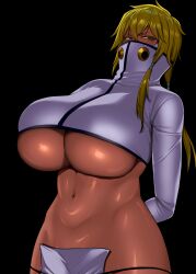 absurdres arms_behind_back black_background bleach blonde_hair breasts colored_eyelashes cropped_jacket dark-skinned_female dark_skin espada green_eyes highres large_breasts shiny_skin sidelocks simple_background tier_harribel underboob upper_body yesman_(cvbnyesman)