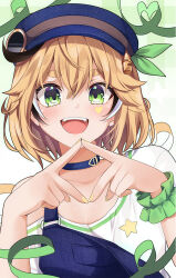 1girl blonde_hair blue_overalls brown_hair dooby_(vtuber) green_eyes green_scrunchie hair_between_eyes indie_virtual_youtuber k-rumi looking_at_viewer multicolored_hair off_shoulder open_mouth overalls scrunchie shirt short_hair simple_background single_bare_shoulder smile solo teeth thick_eyebrows upper_teeth_only virtual_youtuber white_background white_hair white_shirt wrist_scrunchie yellow_nails