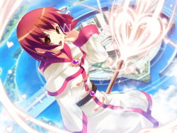 1girl aqua_eyes ars_magna bow bow_choker broom brown_eyes choker collar dutch_angle female_focus flying game_cg hair_ribbon heart koutaro mizusawa_noel open_mouth red_hair ribbon short_hair smile solo sparkle