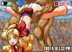 1girl altair_(artist) ass back blonde_hair blush camera cheerleader clothed_female_nude_male clothed_sex clothing_aside cum cum_in_pussy dragon_ball green_eyes legs legs_up long_hair looking_back lunch_(dragon_ball) midriff nude open_mouth panties panties_aside public_indecency ribbon sex skirt socks split spread_legs sweat takimoto_dojo text_focus thighs underwear upskirt vaginal wavy_hair white_panties zenra
