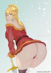 Rule 34 | 1girl, arachnart, ass, bare shoulders, blonde hair, blue eyes, blush, breasts, closed mouth, cosplay, darkness (konosuba), highres, kono subarashii sekai ni shukufuku wo!, large breasts, long hair, megumin (cosplay), panties, sword, tagme, thighhighs, underwear, weapon