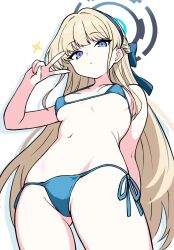 Rule 34 | 1girl, alternate costume, arm behind back, bikini, black halo, blonde hair, blue archive, blue bikini, blue bow, blue eyes, blue hair, blue halo, blunt bangs, bow, braid, breasts, closed mouth, commentary, cowboy shot, drop shadow, ecgg (tsuji418477), expressionless, from below, gluteal fold, hair bow, half up braid, halo, highres, long hair, looking at viewer, micro bikini, multicolored hair, multicolored halo, navel, paid reward available, side-tie bikini bottom, simple background, small breasts, solo, sparkle, standing, stomach, streaked hair, swimsuit, toki (blue archive), two-tone hair, v, v over eye, very long hair, white background