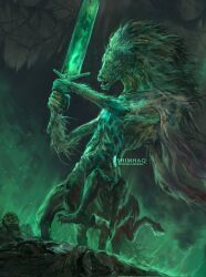 1boy artist_name bloodborne body_fur chain claws commentary english_commentary extra_legs glowing glowing_sword glowing_weapon greatsword highres holding holding_sword holding_weapon hooves ludwig_the_accursed monster moonlight_greatsword shimhaq solo sword teeth two-handed_sword weapon