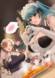 Rule 34 | 4girls, absurdres, ade (nikke), animal ears, apron, arm under breasts, blue hair, blush, breasts, brown eyes, brown hair, cafe, cat ears, cleavage, closed eyes, cocoa (nikke), commentary, drink, elbow gloves, embarrassed, fake animal ears, flower, food, glass, glasses, gloves, goddess of victory: nikke, green hair, hair ornament, hairclip, heart, heart hands, highres, holding, indoors, ketchup, large breasts, long hair, maid, maid apron, maid for you (nikke), maid headdress, multiple girls, omelet, omurice, open mouth, own hands clasped, own hands together, pink hair, privaty (nikke), privaty (unkind maid) (nikke), red eyes, shinju udagawa, smile, soda (nikke), sparkle, spoken blush, steam, sweatdrop, swept bangs, symbol-only commentary, thumbs up, twintails, white gloves