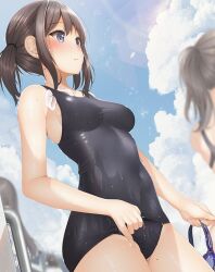 4girls black_hair black_one-piece_swimsuit blue_eyes blue_one-piece_swimsuit blush breasts brown_hair closed_mouth competition_school_swimsuit competition_swimsuit covered_navel day goggles hair_ornament hair_tie holding holding_goggles long_hair medium_breasts minato_ojitan mole mole_on_thigh multiple_girls navel old_school_swimsuit one-piece_swimsuit original outdoors ponytail school_swimsuit swim_goggles swimsuit thighs wet
