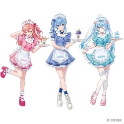 3girls apron blue_hair blue_skirt blue_socks closed_mouth elf food full_body green_eyes hair_between_eyes hololive hoshimachi_suisei long_hair looking_at_viewer maid maid_apron maid_headdress moya_(toatomoot) multiple_girls official_art one_eye_closed open_mouth pink_hair pink_shirt pink_shoes pink_skirt plate pointy_ears sakura_miko shirt shoes short_sleeves simple_background skirt smile socks standing thighhighs twintails virtual_youtuber white_background white_shoes white_socks white_thighhighs yellow_eyes yukihana_lamy