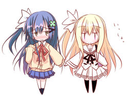 2girls blonde_hair blue_skirt blush cardigan chibi collared_shirt date_a_live gekijouban_date_a_live:_mayuri_judgement genderswap genderswap_(mtf) hair_ornament hairpin holding_hands itsuka_shido itsuka_shiori kani_zousui_(kanijiru) long_hair mayuri_(date_a_live) multiple_girls one_side_up pleated_skirt raizen_high_school_uniform ribbon school_uniform serafuku shirt side_ponytail skirt smile white_serafuku white_skirt