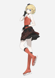 Rule 34 | 1girl, absurdres, adjusting hair, bare arms, bare shoulders, black bow, black choker, black gloves, black hat, black skirt, blonde hair, boots, bow, bow skirt, choker, closed mouth, collarbone, commentary request, eyelashes, fingerless gloves, full body, gloves, grey background, hat, hat bow, highres, ice skates, idol, knee boots, lace, lace-trimmed skirt, lace trim, layered skirt, looking at viewer, mini hat, miniskirt, morgue (southsakura), plaid clothes, plaid skirt, pocket, pretty rhythm, pretty rhythm aurora dream, pretty series, purple eyes, red boots, red shirt, red skirt, shirt, short hair, simple background, skates, skirt, smile, solo, strapless, strapless shirt, swept bangs, takamine mion, white bow