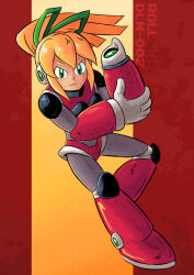 antennae arm_cannon arm_up armor armored_boots armored_gloves arms_up bikini_armor blonde_hair blue_eyes boots breasts character_name english_text fighting_stance gradient_background green_ribbon hair_ribbon hairband headphones highres holding holding_own_arm holding_weapon hyper_roll_(marvel_vs._capcom) joints knee_boots knee_pads large_breasts linesonwhite long_hair looking_at_another looking_at_viewer marvel_vs._capcom mechanical_arms mechanical_boots mechanical_legs mega_man_(classic) mega_man_(series) ponytail radio_antenna red_armor red_background ribbon robot robot_girl robot_joints roll_(mega_man) serious shoulder_armor sidelocks smile two-tone_background weapon yellow_background