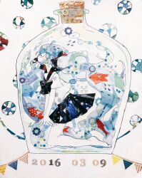1girl 2016 bare_legs barefoot black_bow black_bowtie black_sailor_collar black_skirt blue_hair bottle bottle_miku bow bowtie bubble bubbles_(shallows_o0) bunting commentary_request dated fish from_side hair_bow half-closed_eyes hatsune_miku in_bottle in_container kneeling liquid_hair long_hair looking_ahead masking_tape_(medium) miku_day mixed_media profile red_bow sailor_collar shirt short_sleeves sidelocks skirt solo traditional_media twintails unconventional_media very_long_hair vocaloid white_background white_shirt