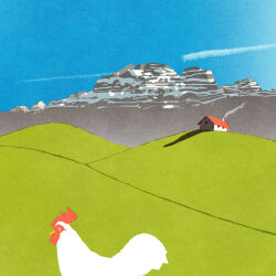 animal bird blue_sky building chicken chimney day highres hill house iida_kento mountain no_humans original outdoors rooster scenery sky smoke