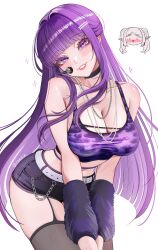 2girls absurdres alternate_costume arched_bangs bare_shoulders black_shorts black_thighhighs blush breasts chaisia_art cleavage collarbone commentary crop_top elf english_commentary fern_(sousou_no_frieren) frieren highres large_breasts leaning_forward long_hair looking_at_viewer multiple_girls navel open_mouth parted_lips pointy_ears purple_eyes purple_hair short_shorts shorts simple_background sousou_no_frieren stomach thighhighs twintails twitter_username very_long_hair white_background