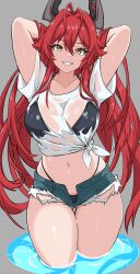 1girl alternate_costume antenna_hair arms_behind_head arms_up bikini black_bikini breasts collarbone commentary cowboy_shot denim denim_shorts english_commentary goddess_of_victory:_nikke grey_background highres horns jaggi_95 large_breasts long_hair looking_at_viewer mechanical_horns midriff navel open_fly pants puddle red_hair red_hood_(nikke) see-through_clothes see-through_shirt shirt short_shorts short_sleeves shorts simple_background smile solo swimsuit t-shirt tied_shirt torn_clothes torn_pants very_long_hair water wet wet_clothes wet_shirt white_shirt yellow_eyes