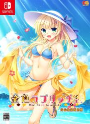 1girl :d =_hair_ornament absurdres alternate_costume bare_shoulders bead_bracelet beads bikini blonde_hair blue_bikini blue_bow blue_sky blunt_bangs blush bow bracelet breasts cleavage content_rating copyright_name cover day eyes_visible_through_hair falling_petals fingernails floating_hair foot_out_of_frame gluteal_fold green_eyes groin hair_ornament hairclip half_updo halterneck hands_up happy hat hat_bow highres jewelry kin-iro_loveriche large_breasts long_hair looking_at_viewer moribe_(rabumanyo) navel ocean open_mouth outdoors petals sandals side-tie_bikini_bottom sidelocks skirt skirt_hold sky smile solo standing standing_on_one_leg stomach sun_hat sunlight swimsuit sylvia_le_cruzcrown_sortilege_sisua video_game_cover w_arms white_hat yellow_skirt