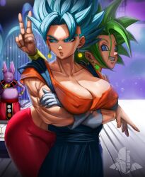 Rule 34 | 1boy, 2girls, absurdres, blue eyes, blue hair, breasts, champa (dragon ball), cleavage, dragon ball, dragon ball super, earrings, elite nappa, genderswap, genderswap (mtf), green hair, highres, jewelry, kefla (dragon ball), large breasts, legendary super saiyan, looking at viewer, multiple girls, muscular, muscular female, potara earrings, super saiyan, super saiyan blue, thick thighs, thighs, vegetto, wide hips