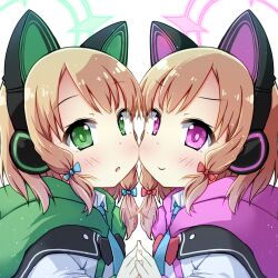 2girls animal_ear_headphones animal_ears blonde_hair blue_archive blue_bow blue_necktie blush bow cat_ear_headphones cat_ears cheek-to-cheek closed_mouth collared_shirt commentary_request dot_nose eyes_visible_through_hair fake_animal_ears green_eyes green_halo green_hood green_jacket hair_bow halftone halo headphones heads_together holding_hands hood hood_down hooded_jacket jacket light_particles long_sleeves looking_at_viewer low-tied_sidelocks midori_(blue_archive) momoi_(blue_archive) multicolored_jacket multiple_girls necktie parted_bangs parted_lips pink_eyes pink_halo pink_hood pink_jacket red_bow shirt short_hair siblings sidelocks simple_background sisters smile twins upper_body white_background white_jacket white_shirt wing_collar yuuhi_alpha