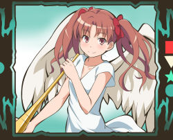 1girl alternate_costume angel_wings brown_hair female_focus hair_ribbon horn_(instrument) instrument long_hair looking_at_viewer ribbon shirai_kuroko smile solo toaru_kagaku_no_railgun toaru_majutsu_no_index twintails wings youkan