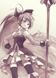 1girl blush detached_sleeves dress fang feet_out_of_frame hand_on_own_hip holding holding_staff long_hair looking_ahead magical_girl mahou_shoujo_madoka_magica monochrome ponytail sakura_kyoko solo soul_gem staff thighhighs white_background yuza zettai_ryouiki