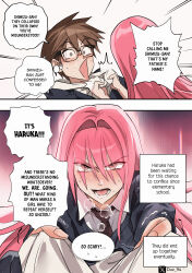 1boy 1girl absurdres blush brown_hair clothes_grab commentary duc_94 english_commentary english_text glasses hetero highres hood hoodie jacket necktie original pink_eyes pink_hair pov school_uniform sweatdrop teeth tongue