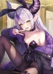 1girl :d animal_ears black_choker black_hairband black_jacket black_leotard black_pantyhose braid braided_bangs breasts choker fake_animal_ears grey_hair hairband hololive horns izumi_kei jacket la+_darknesss leotard long_hair multicolored_hair nail_polish open_clothes open_jacket open_mouth pantyhose playboy_bunny pointy_ears purple_hair purple_jacket purple_nails rabbit_ears small_breasts smile solo strapless strapless_leotard streaked_hair two-sided_fabric two-sided_jacket v very_long_hair virtual_youtuber yellow_eyes