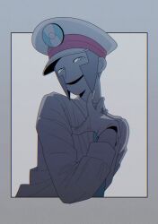 Rule 34 | 1boy, blue eyes, collared shirt, emmet (pokemon), gloves, grey background, grey hair, hand on own chest, hat, highres, long sleeves, looking to the side, male focus, necktie, nintendo, peaked cap, pokemon, pokemon bw, shirt, sideburns, sideways glance, smile, solo, toyama. (toyama 525), upper body, white gloves, white hat, wing collar