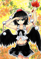 autumn_leaves black_hair black_skirt black_wings bow bowtie hand_fan hat leaf leaf_background leaf_fan navel pom_pom_(clothes) shameimaru_aya shirt skirt sleeveless sleeveless_shirt solo tengu touhou winecrazy wings