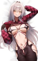 1girl absurdres blush bodysuit breasts brown_eyes checkered_clothes clothing_cutout gloves goddess_of_victory:_nikke grey_hair half_gloves highres large_breasts latex latex_bodysuit long_hair long_sleeves looking_at_viewer maviss_03 navel official_alternate_costume red_shrug scarlet_(nikke) scarlet_(racer&#039;s_high)_(nikke) skin_tight smile solo stellar_blade stomach thigh_cutout tongue tongue_out