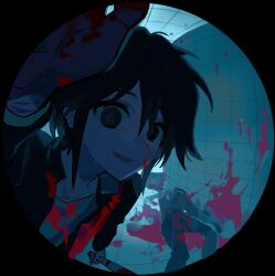 1boy baseball_bat black_eyes black_hair blood blood_on_clothes blood_on_face blood_on_ground blood_on_hands blood_on_wall commentary_request corpse highres holding holding_baseball_bat indoors looking_at_viewer male_focus murder pov_peephole randal&#039;s_friends scar scar_on_arm shime52631 short_hair solo tsukada_satoru upper_body