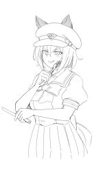 Rule 34 | 1girl, absurdres, animal ears, back bow, bow, breasts, butter knife, cheval grand (umamusume), commentary request, cowboy shot, ear covers, ears through headwear, fork, hair between eyes, hat, highres, holding, holding fork, holding knife, horse ears, horse girl, horse tail, knife, looking at viewer, medium breasts, medium hair, miya nns35, monochrome, multicolored hair, peaked cap, pleated skirt, puffy short sleeves, puffy sleeves, sailor collar, school uniform, short sleeves, skirt, solo, streaked hair, summer uniform, tail, tracen school uniform, umamusume